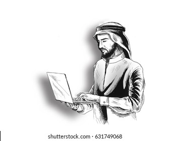 Arab businessman in business concept Working On A notebook, Hand Drawn Sketch, Vector Background.