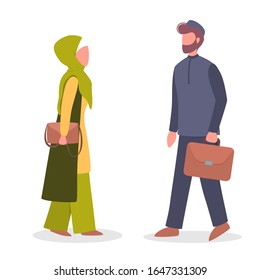 Arab businessman and businesswoman standing with briefcase in national clothes. Male and female muslim character. Isolated vector cartoon illustration