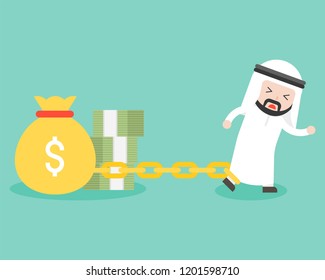 Arab Businessman chained with money bag and banknote, and try to escape, flat design business concept
