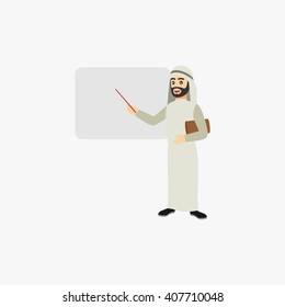 Arab Businessman Character Presentation in Annual Meeting. Isolated Design Template. Vector Illustration.