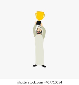 Arab Businessman Character uplift The Triumph. Isolated Design Template. Vector Illustration.