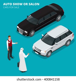 Arab businessman chooses Luxury car. Flat 3d vector isometric illustration. Cars for sale. Auto business, car sale and people concept. Auto show or salon.