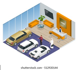 Arab businessman chooses Luxury car. Flat 3d vector isometric illustration. Cars for sale. Auto business, car sale and people concept. Auto show or salon.