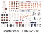 Arab businessman or clerk in traditional Muslim clothes constructor set or DIY kit. Bundle of body parts, emotions, gestures. Male cartoon character. Front, side, back views. Flat vector illustration.