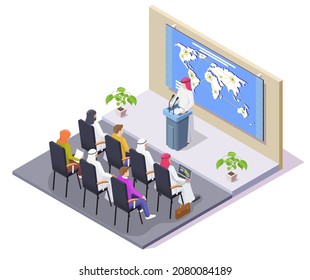 Arab businessman conference, meeting, flat vector isometric illustration. International seminar, workshop or training.