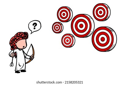Arab businessman confuse with multiple target. Can not decide which target to shoot at. Cartoon vector illustration design