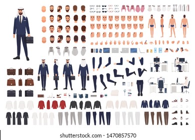 Arab businessman constructor set or creation kit. Bundle of male body parts, clothes, emotions, gestures isolated on white background. Front, side, back views. Flat cartoon vector illustration.