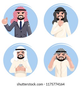 Arab businessman decision working making set traditional national muslim clothes flat design vector illustration