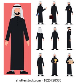 Arab businessman with different poses. Successful businessman. Vector illustration.