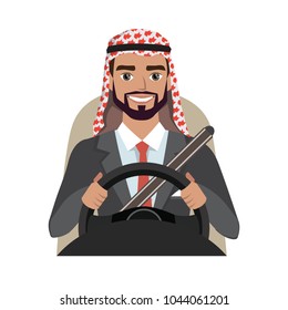 Arab businessman driving a car. Arab man clothing in official suit