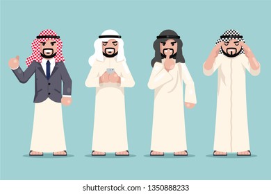 Arab businessman finance working decision making set traditional national ethnic muslim clothes design flat vector illustration