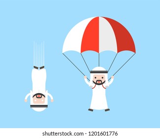 Arab Businessman free fall from sky and Arab Businessman using parachute, result of risk management concept, vector illustration