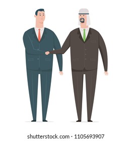 Arab businessman handshake with a business partner. Vector cartoon character of office workers from different countries isolated on white background.