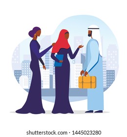 Arab Businessman with Helpers Vector Illustration. Muslim Entrepreneur and Personal Assistants Cartoon Characters. Sheikh with Secretaries Standing Together. Business Activity, Entrepreneurship