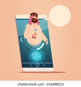 Arab Businessman Hold Instruments Chat Bubble Message Cell Smart Phone Network Communication Flat Vector Illustration