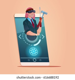 Arab Businessman Hold Instruments Wear Virtual Glasses Cell Smart Phone Network Communication Flat Vector Illustration