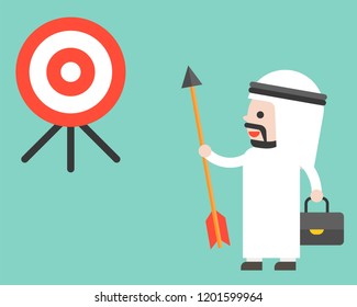 Arab Businessman holding arrow and look at target determined to reach his goal, flat design vector