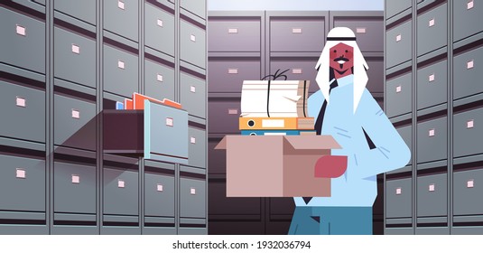 arab businessman holding cardboard box with documents in filing wall cabinet with open drawer data archive storage business administration paper work concept horizontal portrait vector illustration