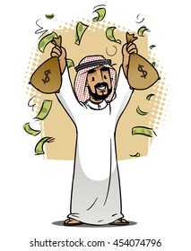 Arab Businessman Holding Money Bags. Cartoon character