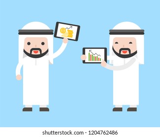 Arab Businessman holding tablet present turnover or information, flat design ready to use character