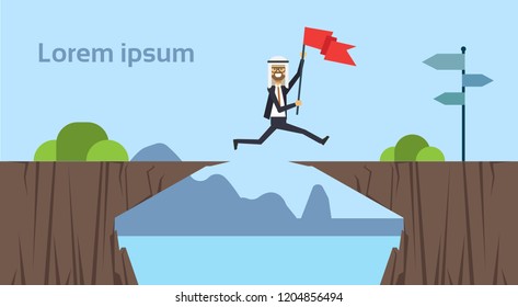 arab businessman jumping with flag over obstacles over chasm go to the opposite goal concept. business success. challenge, risk, over blue background vector illustration.