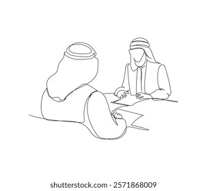 Arab businessman negotiating with partner, business, deal one line art. Continuous line drawing of online Muslims, Islam, traditions, clothing, folk, oriental.