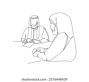 Arab businessman negotiating with partner, business, deal one line art. Continuous line drawing of online Muslims, Islam, traditions, clothing, folk, oriental.