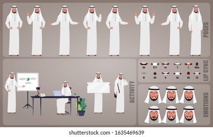 Arab Businessman or office worker character Set. Collection of character body Poses, facial gestures, Business activities and Lip syncs poses. Vector illustration.