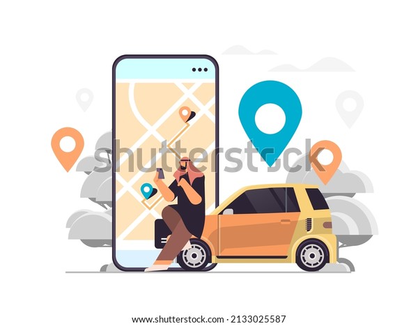 arab businessman\
ordering car in mobile application transportation carsharing\
service carpooling\
concept