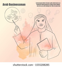Arab Businessman pointing concept vector outline drawing illustration. 