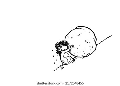 Arab businessman pushing boulder uphill. Concept of hardwork. Cartoon vector illustration design