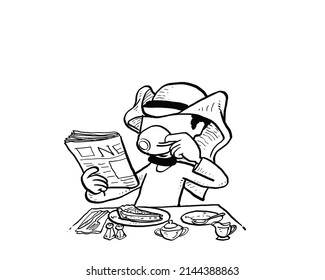Arab businessman reading newspaper, while sipping coffee and eating breakfast. Cartoon vector illustration design