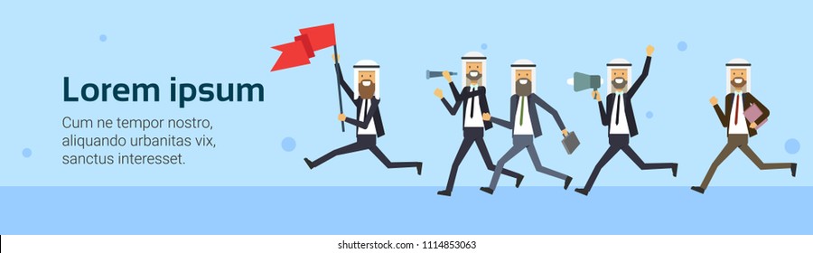 arab businessman run with red flag team group over blue background. business success concept. challenge, risk, flat