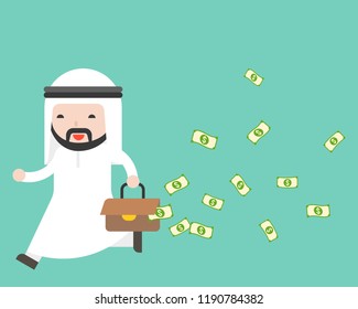 Arab Businessman Running With Leak Money Bag, Flat Design