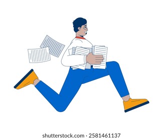 Arab businessman running with papers stack in hand 2D cartoon character. Documents flying behind office worker stressed isolated person flat vector on white background. Spot illustration colorful