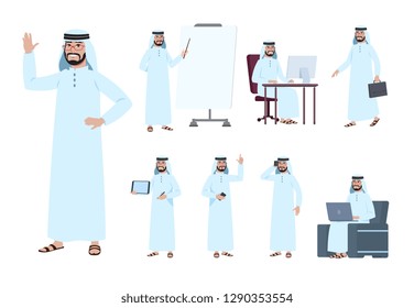 Arab Businessman. Saudi Business People Character. Islam Arabian Male In Business Activity Vector Set