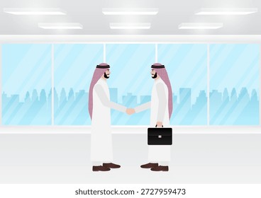 Arabischer Geschäftsmann schüttelt die Hand. Vektorgrafik.