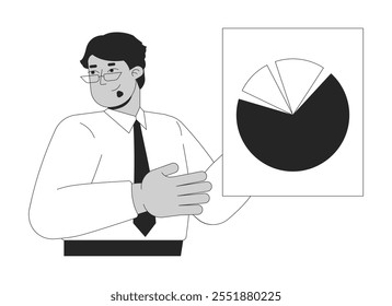 Homem de negócios árabe mostrando gráfico de pizza relatório financeiro preto e branco personagem de linha 2D. Oriente Médio óculos homem de negócios piechart isolado vetor pessoa contorno. Ilustração de ponto monocromático