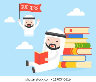 Arab businessman sit at stack of books, read a book and dreaming about success, flat design