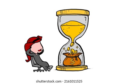 Arab businessman sitting beside hourglass  Concept tim is money  Caricature vector illustration design 