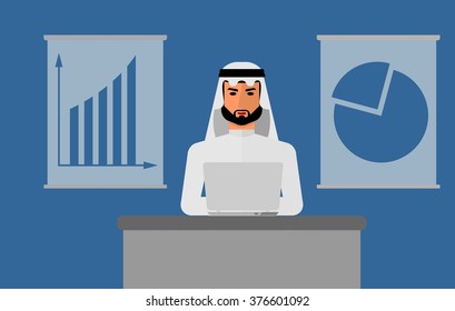 Arab businessman sitting at the table and working on the computer. Vector illustration of Arabic man character image.