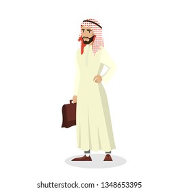 Arab businessman standing with briefcase in national clothes. Male muslim character. Isolated vector cartoon illustration
