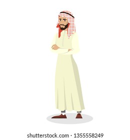 Arab businessman standing with crossed arms in national clothes. Male muslim character. Isolated vector cartoon illustration
