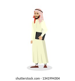 Arab businessman standing with documents in national clothes. Male muslim character. Isolated vector cartoon illustration