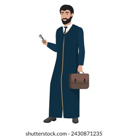 Arab businessman standing, entrepreneur or corporate manager in traditional clothes holding briefcase and glasses vector illustration