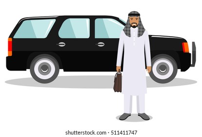 Arab businessman standing near the car on white background in flat style. Business  concept. Detailed illustration of automobile and saudi arabic man. Flat design people character. Vector illustration
