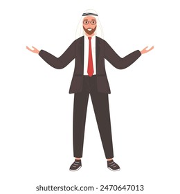 An Arab businessman stands confidently in a suit and tie, with his hands extended outward.