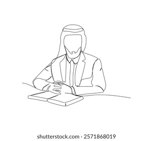 Arab businessman in a suit and keffiyeh, deal, documents, negotiate one line art. Continuous line drawing of online Muslims, Islam, traditions, clothing, folk, oriental.