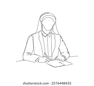 Arab businessman in a suit and keffiyeh, deal, documents, negotiate one line art. Continuous line drawing of online Muslims, Islam, traditions, clothing, folk, oriental.