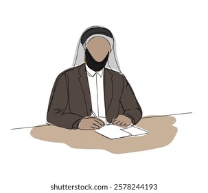 Arab businessman in a suit and keffiyeh, deal, documents, negotiate one color line art. Continuous line drawing of online Muslims, Islam, traditions, clothing, folk, oriental.